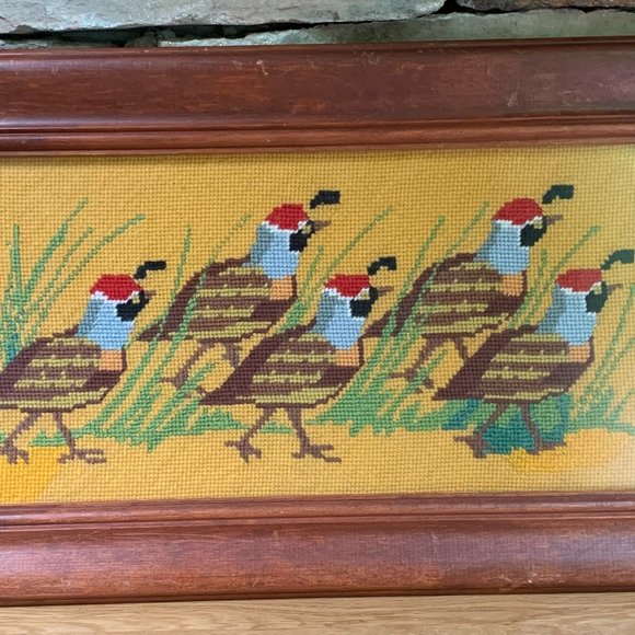 VTG Quail Needlepoint 70s Framed Columbia Minerva Framed Birds Boho Embroidery - Picture 2 of 12